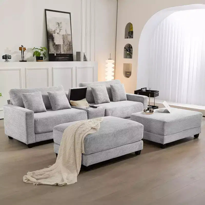 Divano sezionale a 112'' in velluto a coste con due pouf e tavolino portaoggetti da soggiorno