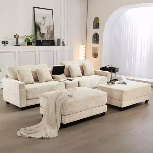 112'' Corduroy Sectional Sofa Bench with two ottomans and Storage side table living room