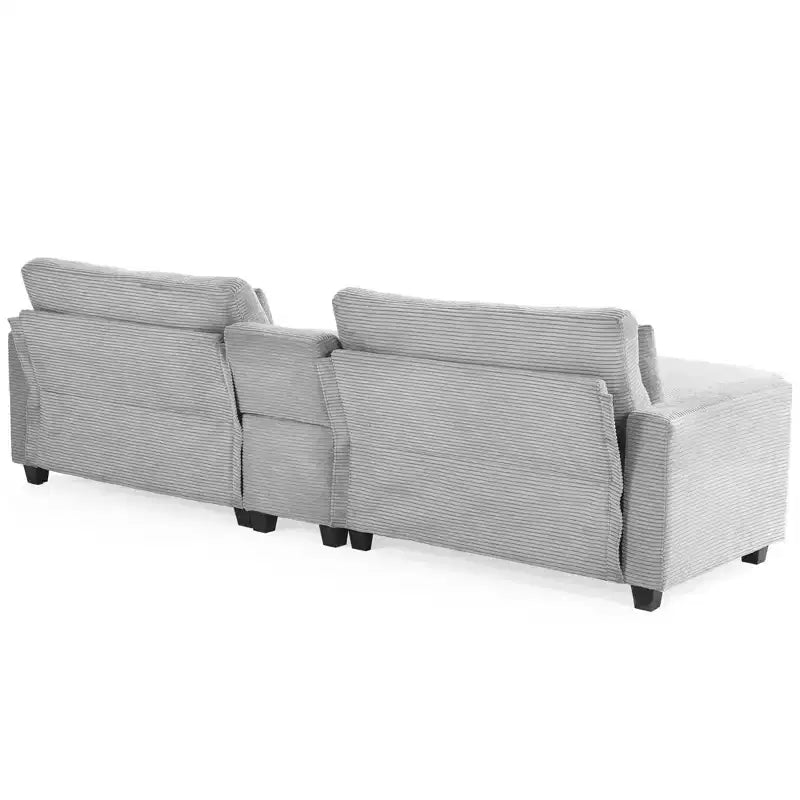 Divano sezionale a 112'' in velluto a coste con due pouf e tavolino portaoggetti da soggiorno