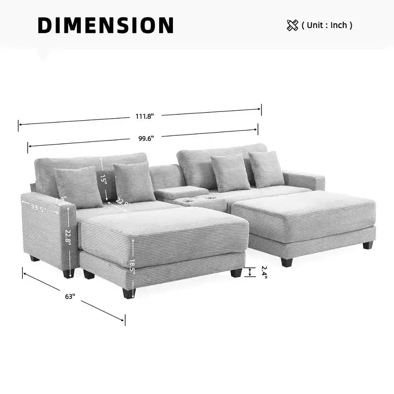 Divano sezionale a 112'' in velluto a coste con due pouf e tavolino portaoggetti da soggiorno