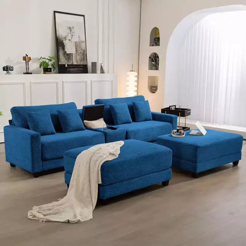Divano sezionale a 112'' in velluto a coste con due pouf e tavolino portaoggetti da soggiorno