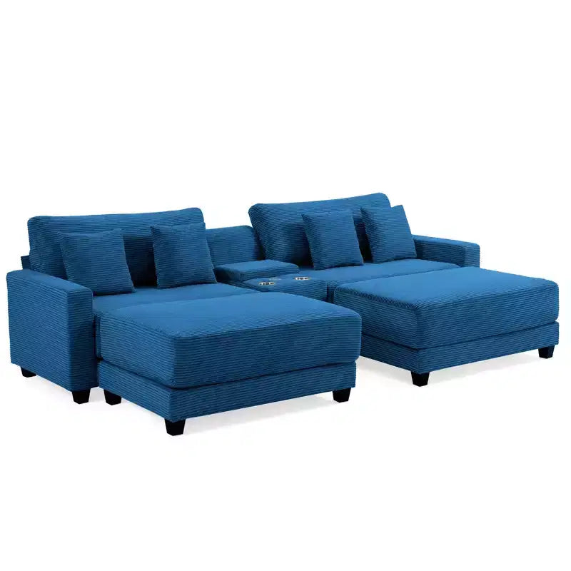 Divano sezionale a 112'' in velluto a coste con due pouf e tavolino portaoggetti da soggiorno