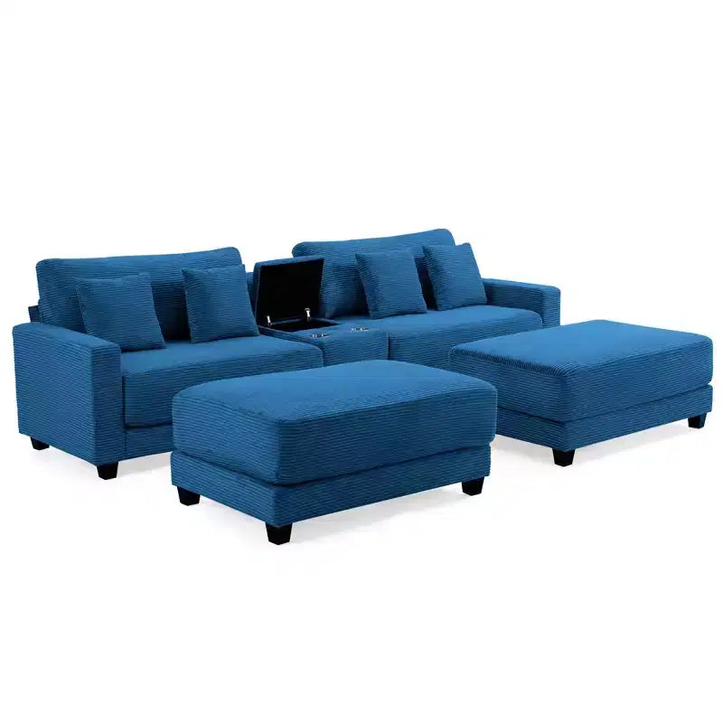 Divano sezionale a 112'' in velluto a coste con due pouf e tavolino portaoggetti da soggiorno