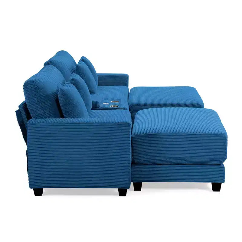 Divano sezionale a 112'' in velluto a coste con due pouf e tavolino portaoggetti da soggiorno