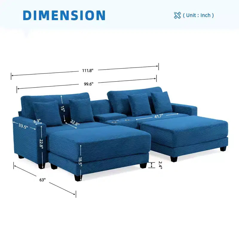 Divano sezionale a 112'' in velluto a coste con due pouf e tavolino portaoggetti da soggiorno