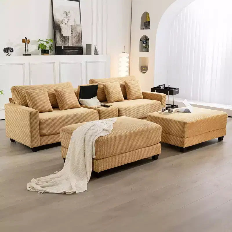 Divano sezionale a 112'' in velluto a coste con due pouf e tavolino portaoggetti da soggiorno