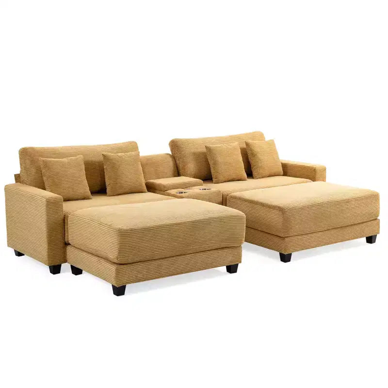 Divano sezionale a 112'' in velluto a coste con due pouf e tavolino portaoggetti da soggiorno