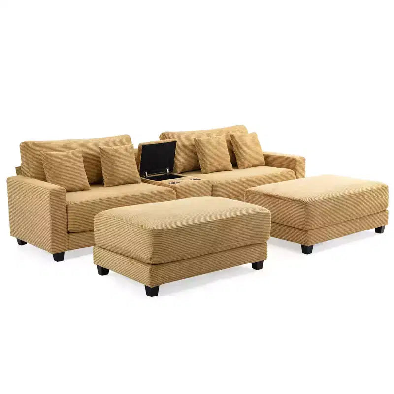 Divano sezionale a 112'' in velluto a coste con due pouf e tavolino portaoggetti da soggiorno
