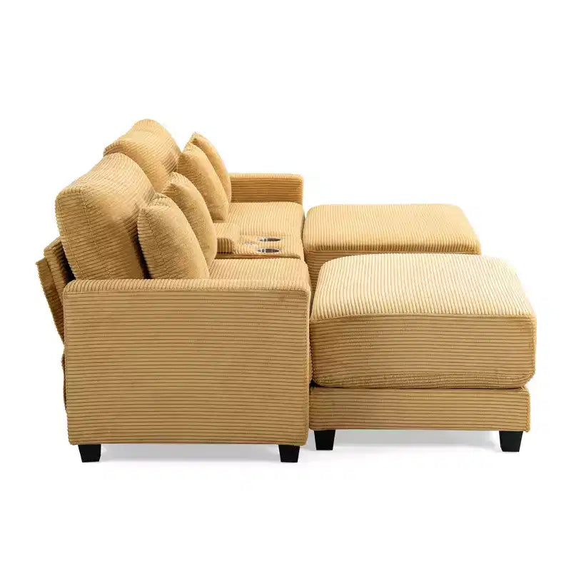 Divano sezionale a 112'' in velluto a coste con due pouf e tavolino portaoggetti da soggiorno