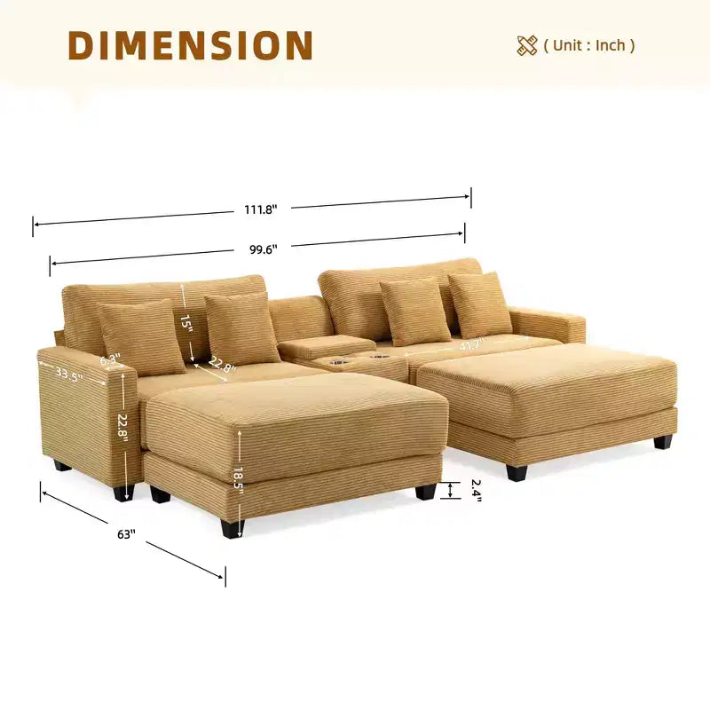 Divano sezionale a 112'' in velluto a coste con due pouf e tavolino portaoggetti da soggiorno