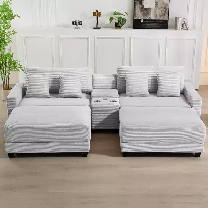 Divano sezionale a 112'' in velluto a coste con due pouf e tavolino portaoggetti da soggiorno