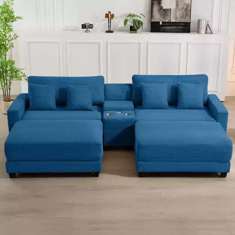 Divano sezionale a 112'' in velluto a coste con due pouf e tavolino portaoggetti da soggiorno