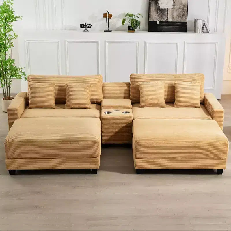Divano sezionale a 112'' in velluto a coste con due pouf e tavolino portaoggetti da soggiorno