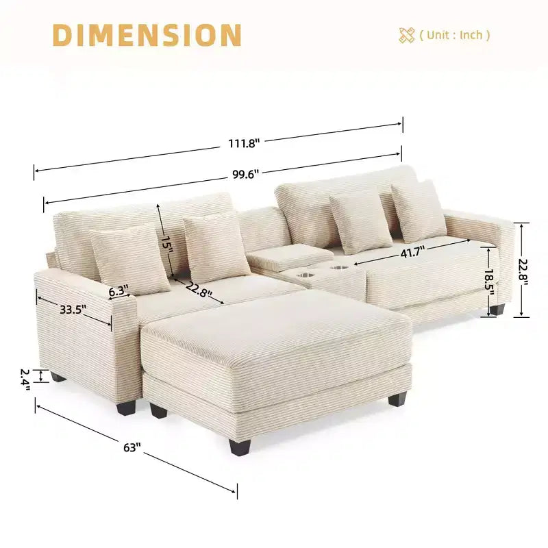 Divano componibile a 3 pezzi in velluto a coste da 112'' con pouf per soggiorno