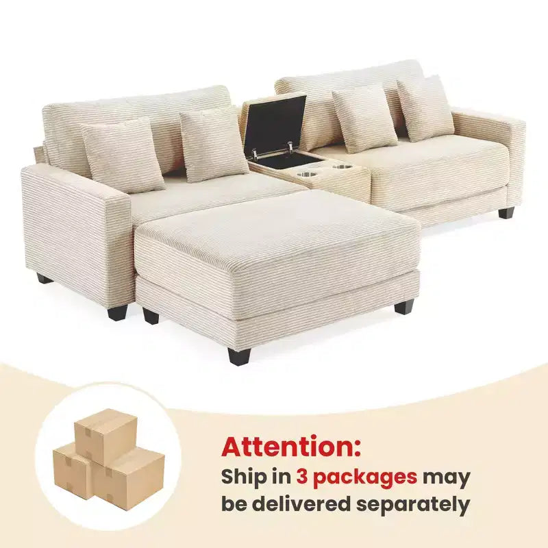 Divano componibile a 3 pezzi in velluto a coste da 112'' con pouf per soggiorno