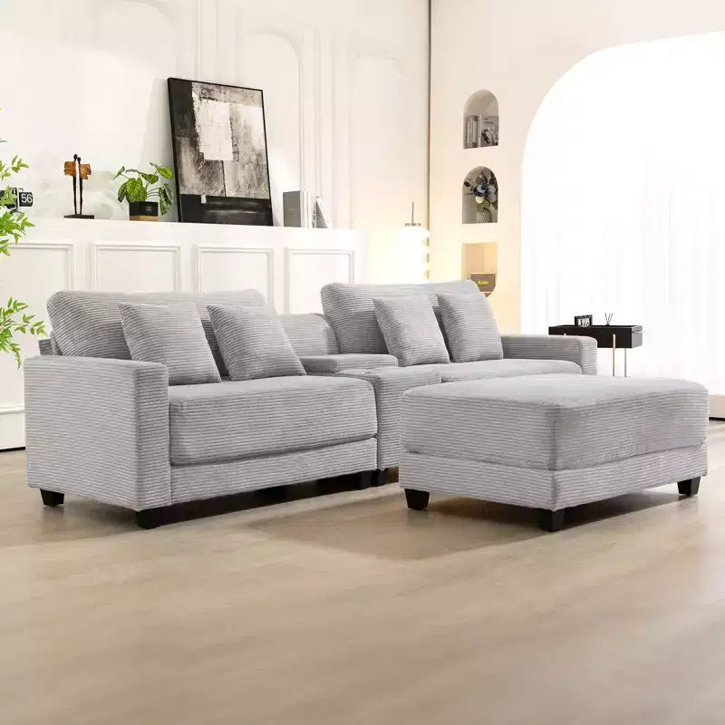 Divano componibile a 3 pezzi in velluto a coste da 112'' con pouf per soggiorno