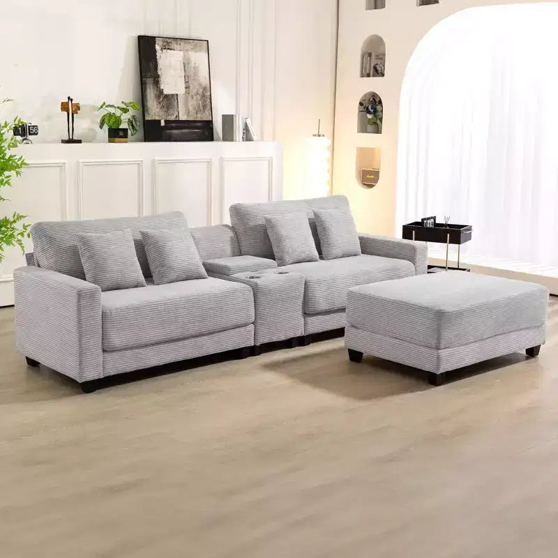 Divano componibile a 3 pezzi in velluto a coste da 112'' con pouf per soggiorno