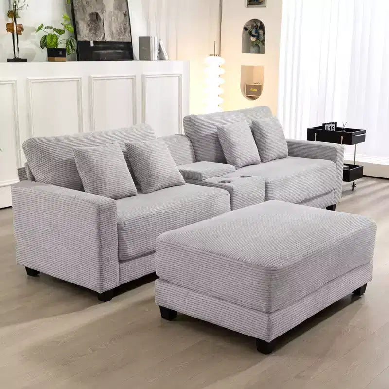 Divano componibile a 3 pezzi in velluto a coste da 112'' con pouf per soggiorno
