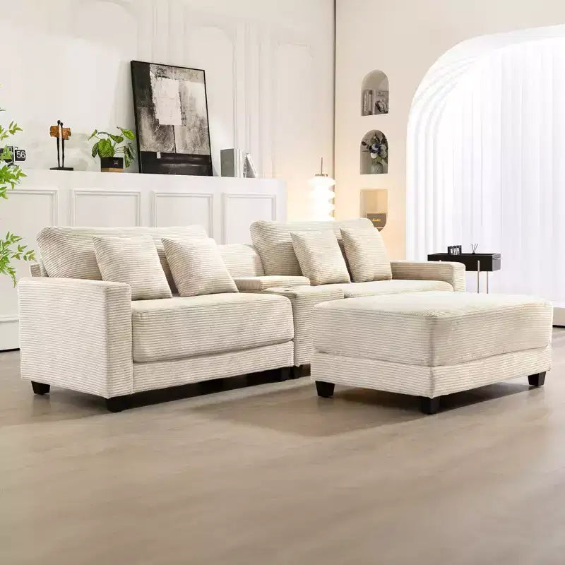 Divano componibile a 3 pezzi in velluto a coste da 112'' con pouf per soggiorno