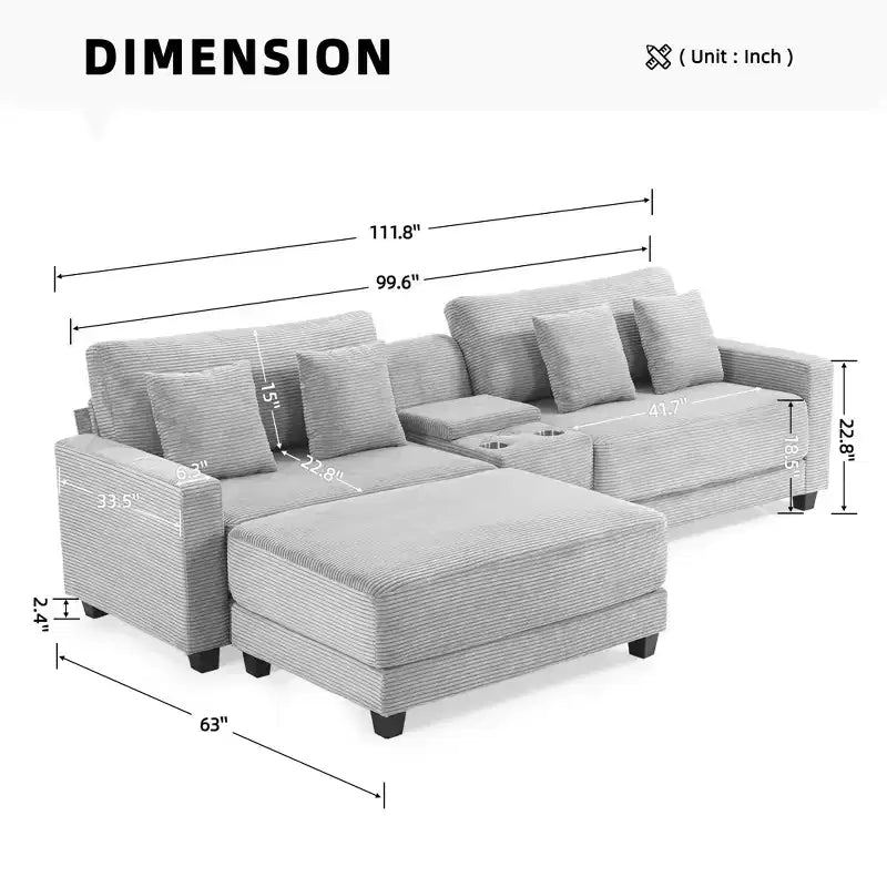 Divano componibile a 3 pezzi in velluto a coste da 112'' con pouf per soggiorno