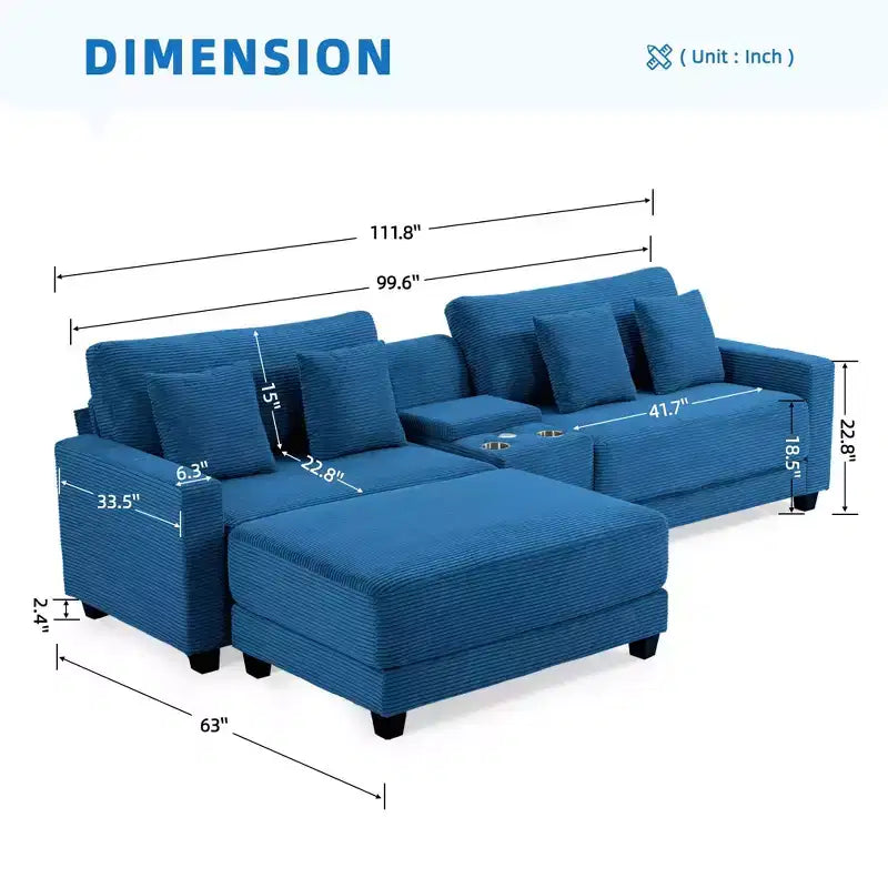 Divano componibile a 3 pezzi in velluto a coste da 112'' con pouf per soggiorno