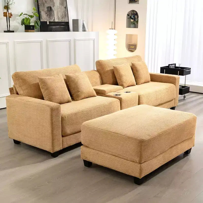 Divano componibile a 3 pezzi in velluto a coste da 112'' con pouf per soggiorno
