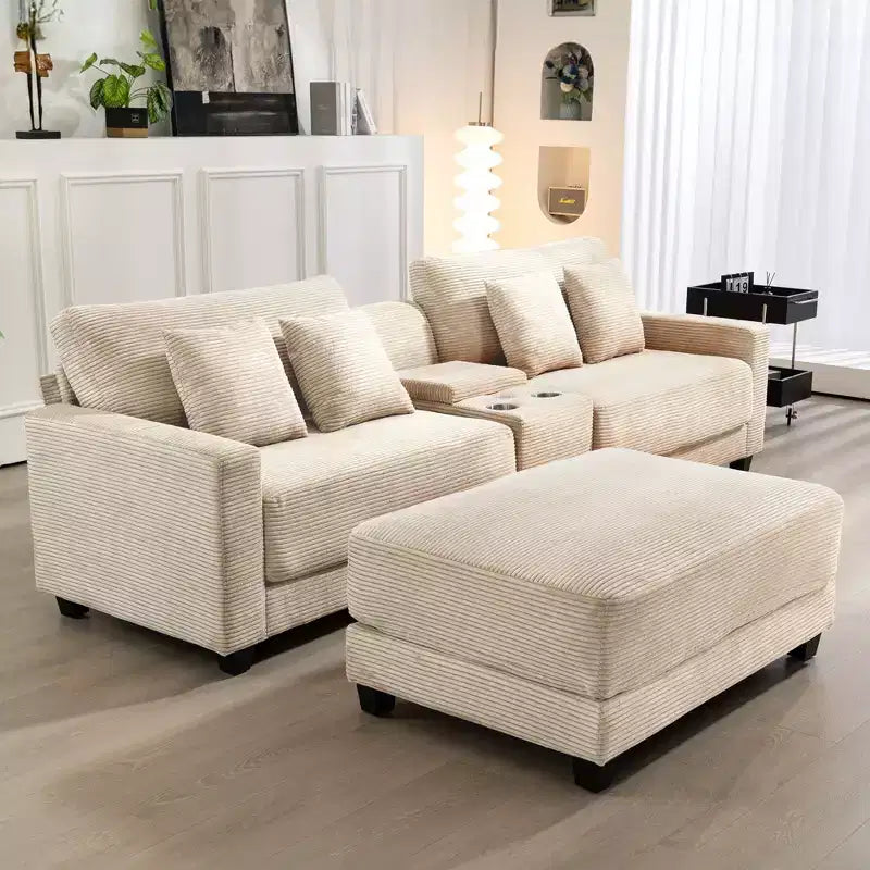 Divano componibile a 3 pezzi in velluto a coste da 112'' con pouf per soggiorno