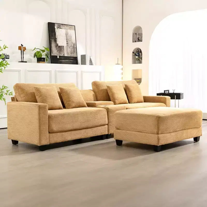 Divano componibile a 3 pezzi in velluto a coste da 112'' con pouf per soggiorno
