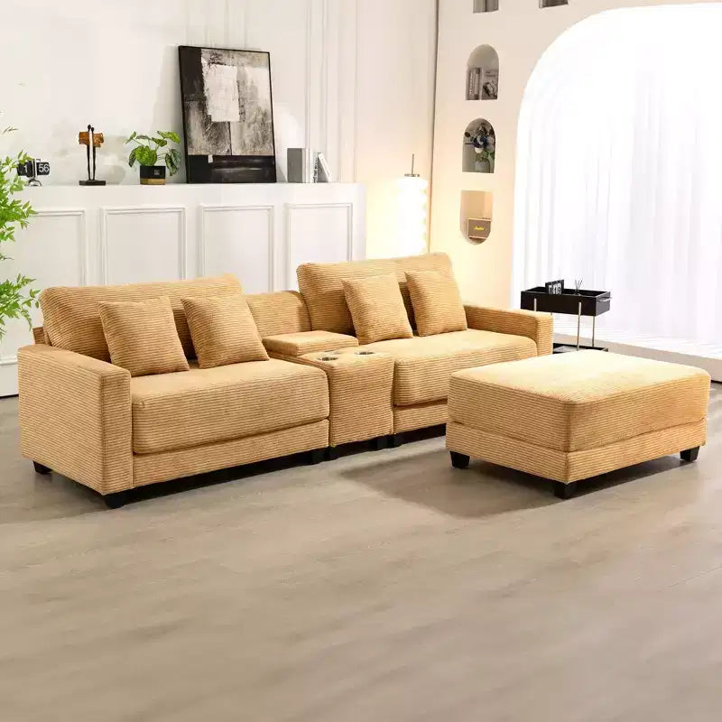 Divano componibile a 3 pezzi in velluto a coste da 112'' con pouf per soggiorno