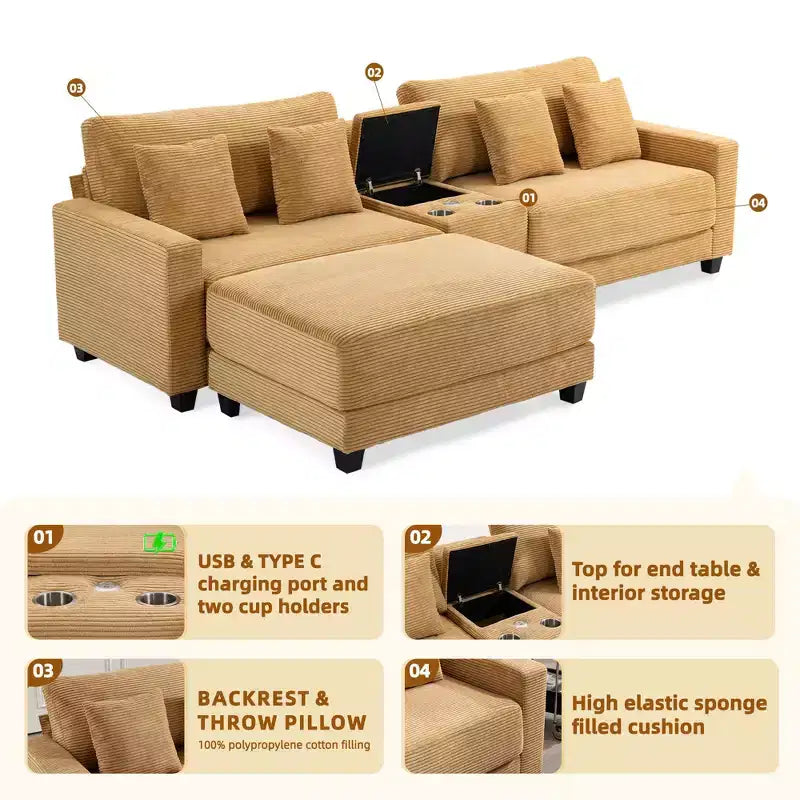Divano componibile a 3 pezzi in velluto a coste da 112'' con pouf per soggiorno
