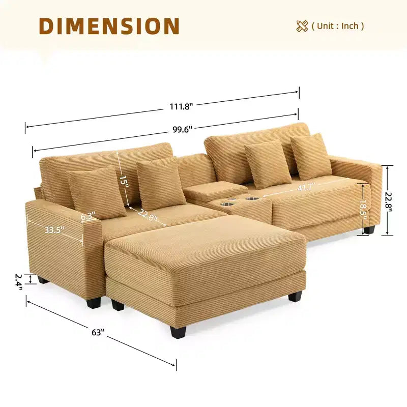 Divano componibile a 3 pezzi in velluto a coste da 112'' con pouf per soggiorno