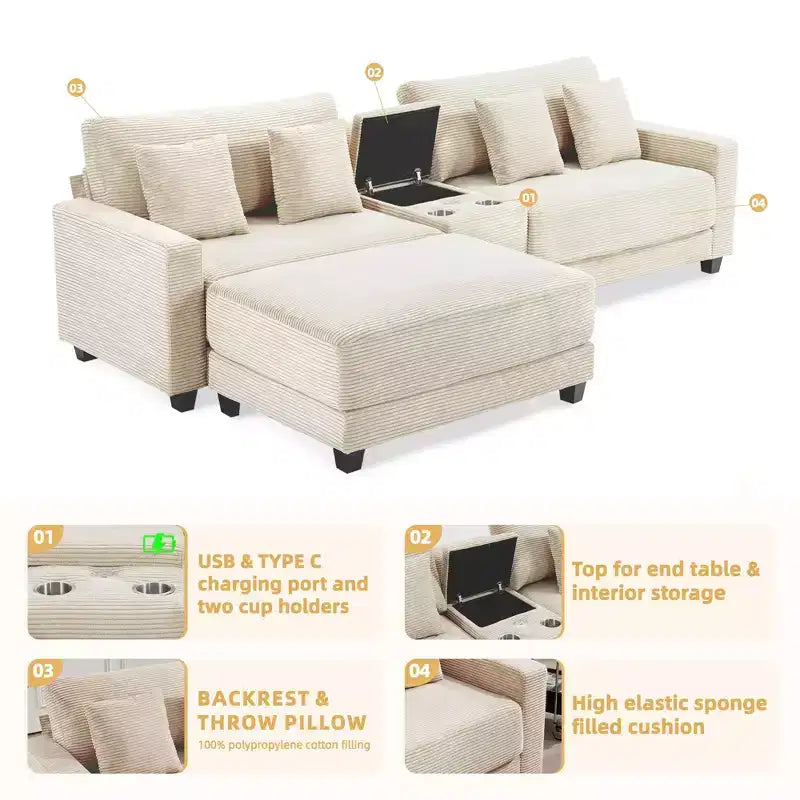 Divano componibile a 3 pezzi in velluto a coste da 112'' con pouf per soggiorno