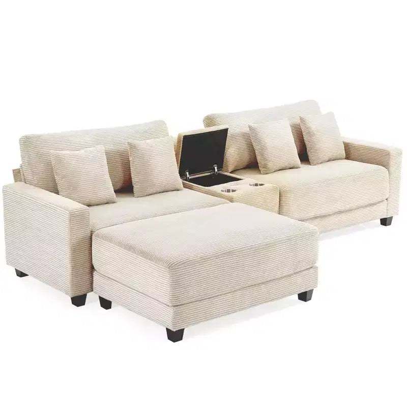 Divano componibile a 3 pezzi in velluto a coste da 112'' con pouf per soggiorno