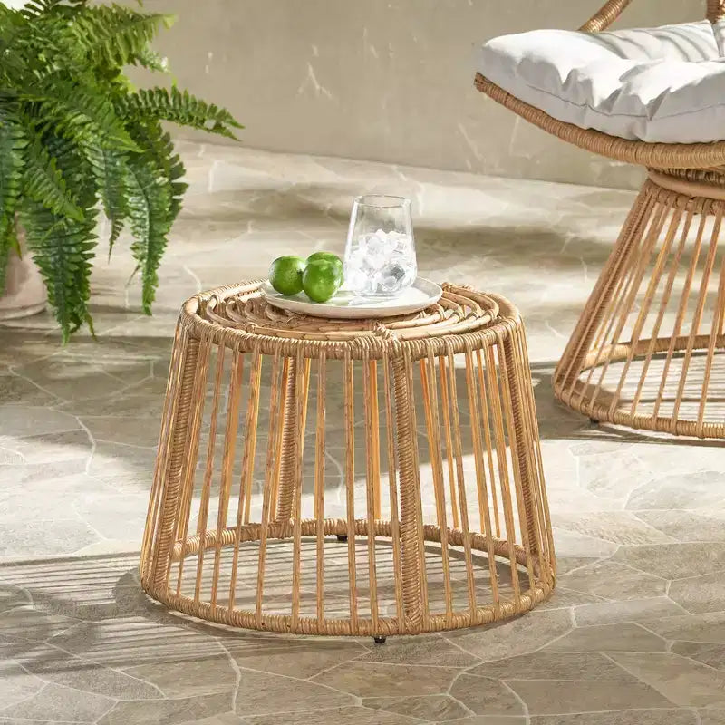 Tavolino da esterno per patio, tavolino rotondo in rattan, tavolino in stile bohémien, tavolino da esterno e da interno per soggiorno, giardino, balcone, cortile