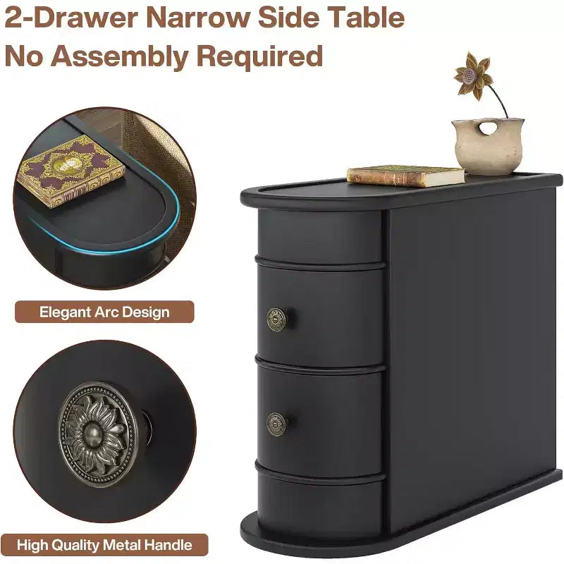 2-drawer Side Table, Slim Chairside Table, Narrow Nightstand, No Assembly Required