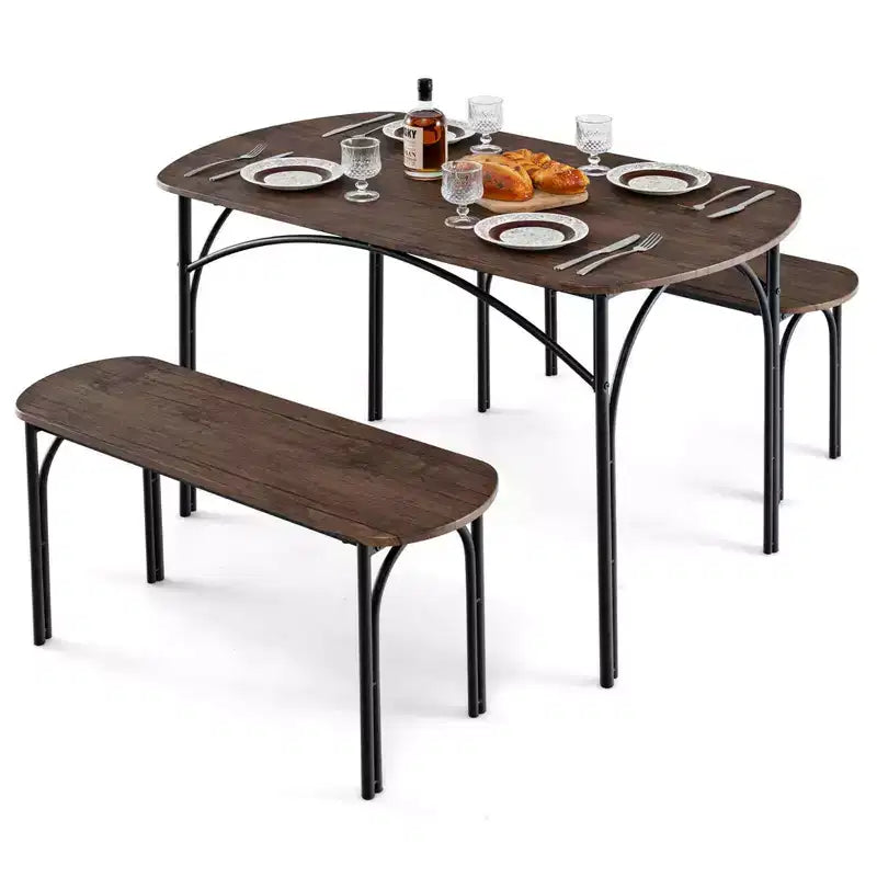 Costway Set da 3 Pezzi Tavolo da Pranzo da 48 pollici per 4 Persone, Tavolo Rettangolare e 2 Panche con Struttura in Metallo