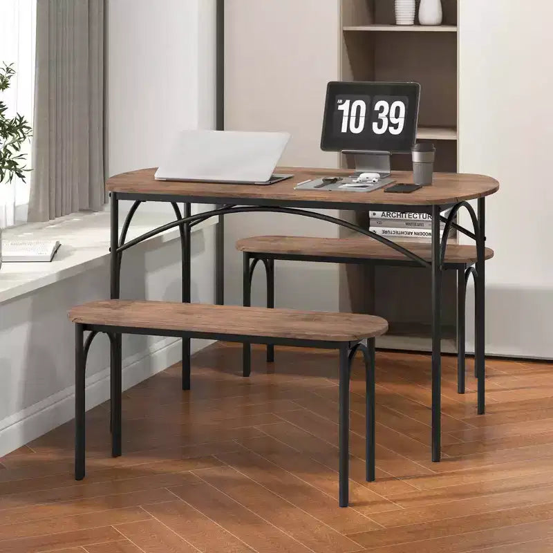 Costway Set da 3 Pezzi Tavolo da Pranzo da 48 pollici per 4 Persone, Tavolo Rettangolare e 2 Panche con Struttura in Metallo