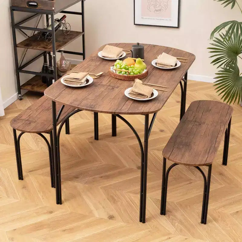 Costway Set da 3 Pezzi Tavolo da Pranzo da 48 pollici per 4 Persone, Tavolo Rettangolare e 2 Panche con Struttura in Metallo