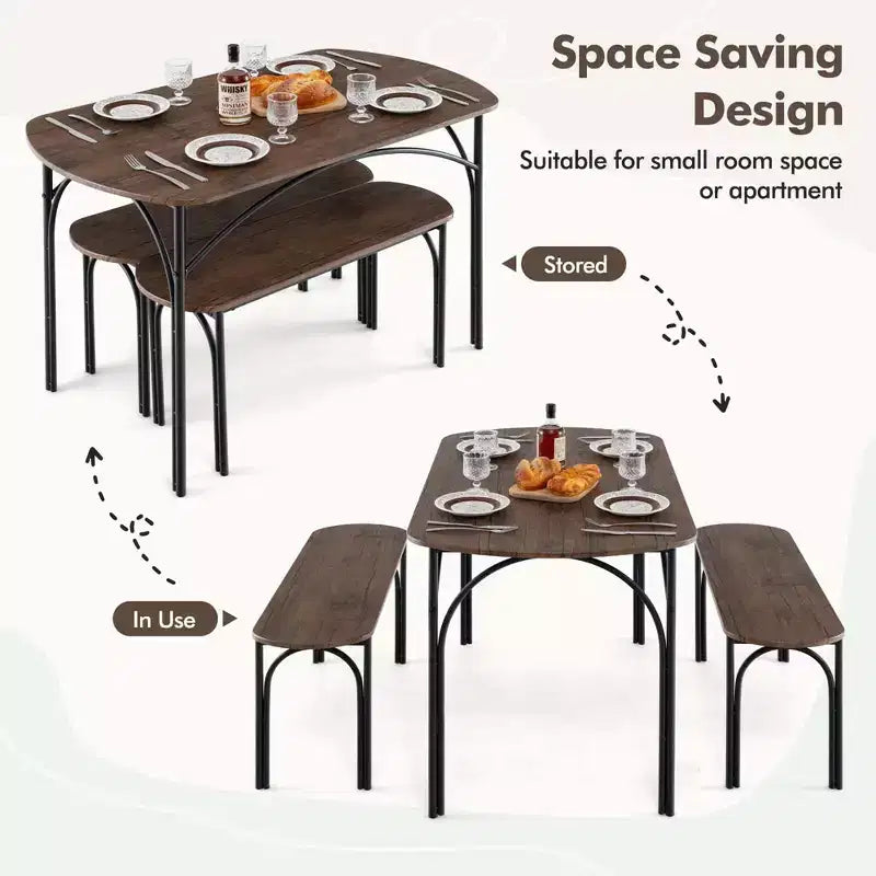 Costway Set da 3 Pezzi Tavolo da Pranzo da 48 pollici per 4 Persone, Tavolo Rettangolare e 2 Panche con Struttura in Metallo