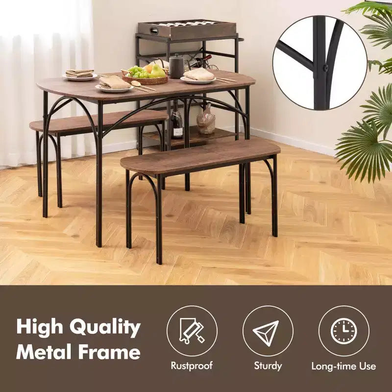 Costway Set da 3 Pezzi Tavolo da Pranzo da 48 pollici per 4 Persone, Tavolo Rettangolare e 2 Panche con Struttura in Metallo