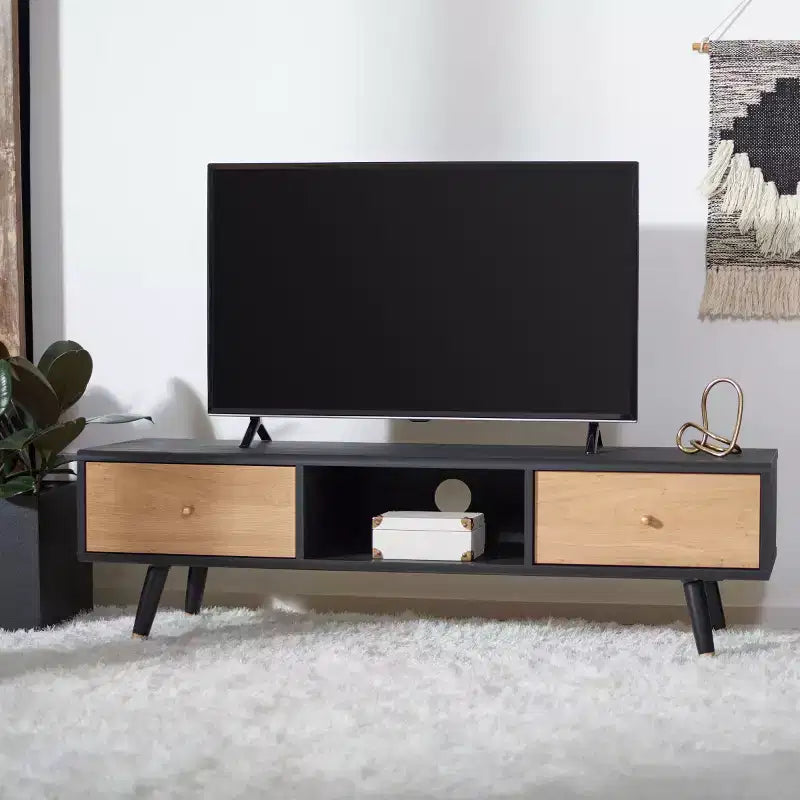 1-Drawer Media Stand in Black & Oak with Cable Management, Fits TVs up to 60"