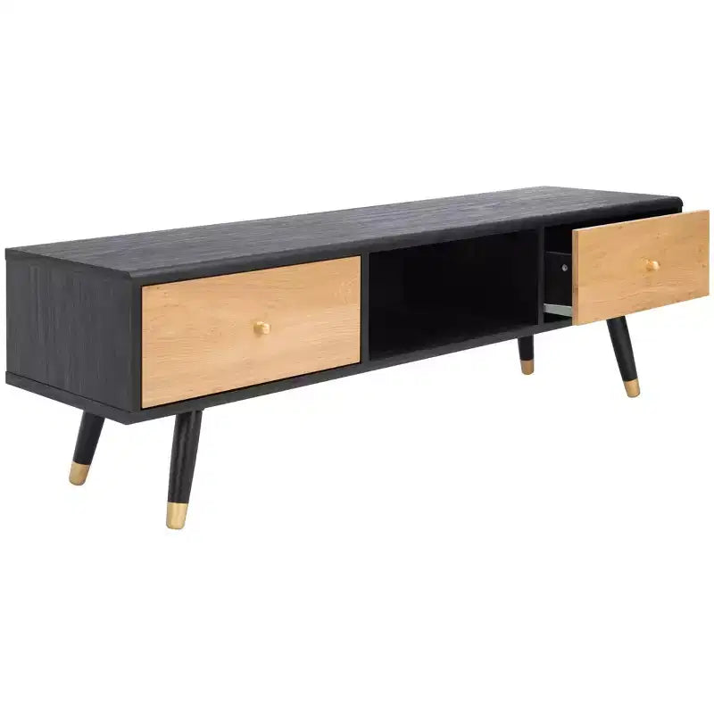 1-Drawer Media Stand in Black & Oak with Cable Management, Fits TVs up to 60"