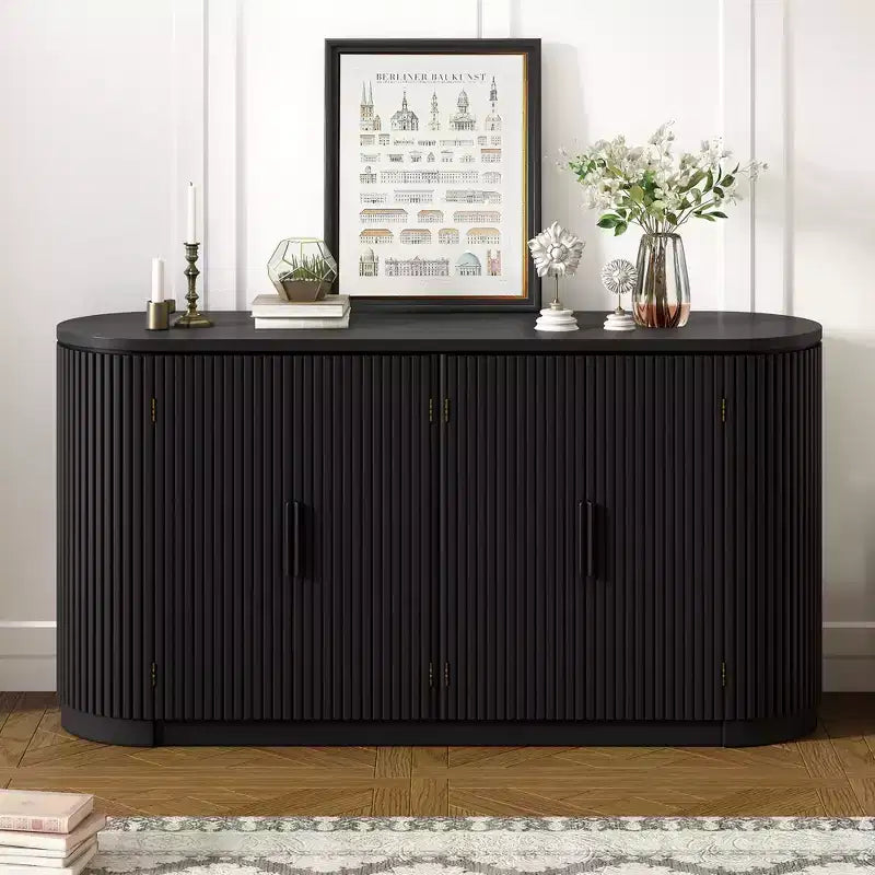 63" Vertical Striped 4-Door Sideboard with Adjustable Shelves & Metal Handles