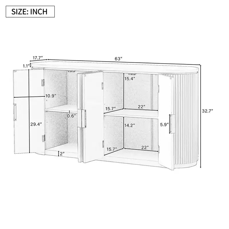 63" Vertical Striped 4-Door Sideboard with Adjustable Shelves & Metal Handles
