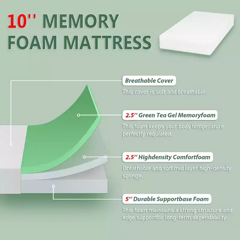 10 Inch Green Tea Cooling Gel Memory Foam Mattress, Fiberglass Free, CertiPUR-US Certified, Bed-in-a-Box